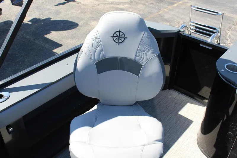 Slide: The Image of 2025 Avalon GEO FISH REAR FISH boat seat with compass design, gray upholstery. - 21