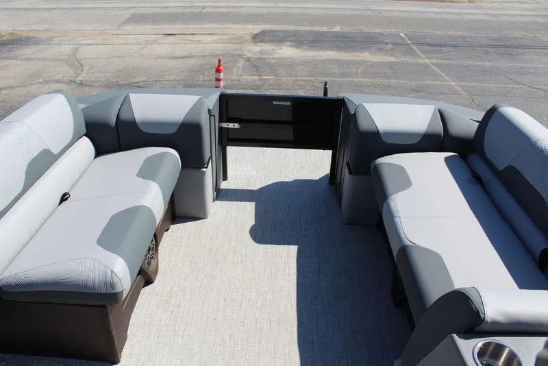 Slide: The Image of 2025 Avalon GEO FISH REAR FISH boat interior with gray seating and open deck layout. - 31