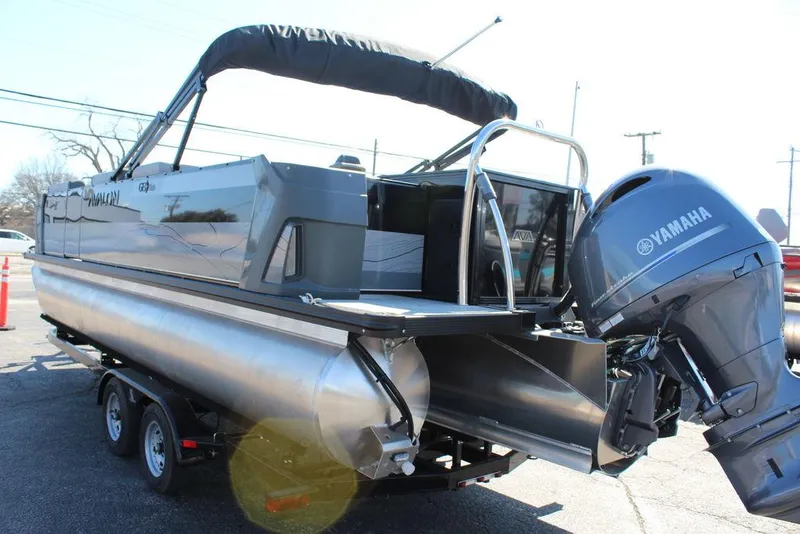 Slide: The Image of 2025 Avalon GEO FISH REAR FISH pontoon boat with Yamaha outboard motor on trailer. - 6
