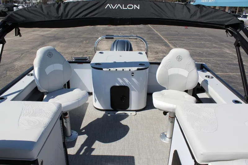 Slide: The Image of 2025 Avalon GEO FISH REAR FISH boat interior with white seating and canopy. - 11