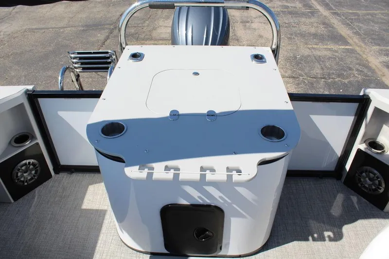 Slide: The Image of 2025 Avalon GEO FISH REAR FISH boat with fishing station and rod holders. - 16