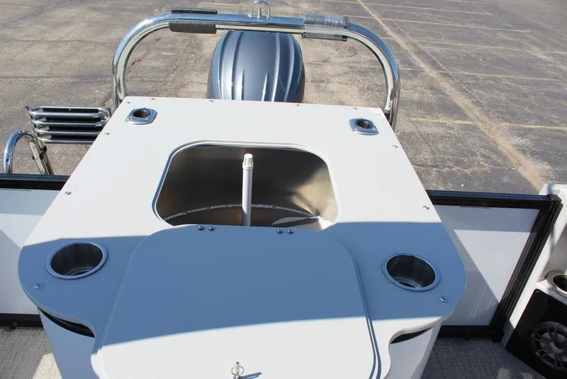 Slide: The Image of 2025 Avalon GEO FISH REAR FISH boat with fishing station and cup holders. - 19