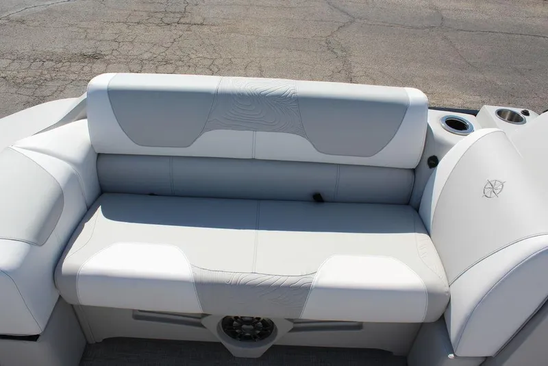 Slide: The Image of 2025 Avalon GEO FISH REAR FISH boat seat with cup holders, gray upholstery. - 25