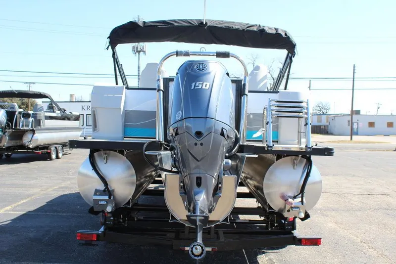 Slide: The Image of 2025 Avalon GEO FISH REAR FISH pontoon boat with powerful outboard motor. - 4