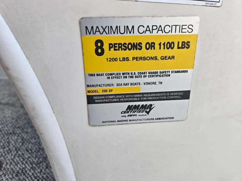 Slide: The Image of Capacity label on 2008 Sea Ray 205 Sport, max 8 persons or 1100 lbs. - 37