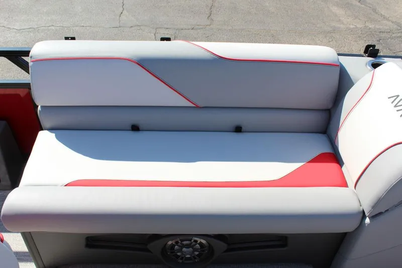 Slide: The Image of 2025 Avalon Venture 85 Center Console Fish boat seat with red and gray upholstery. - 14