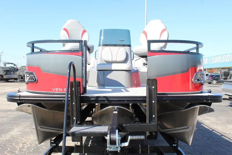 Slide: The Image of 2025 Avalon Venture 85 Center Console Fish boat, 23 FT, red and gray design, rear view. - 9