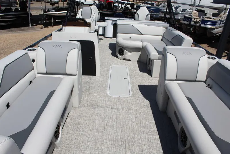 Slide: The Image of 2025 Avalon Venture 85 Rear Fish 23 FT pontoon boat interior with spacious seating. - 13