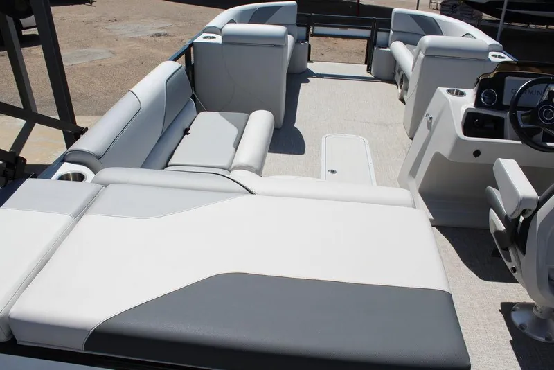 Slide: The Image of 2025 Avalon Venture 85 Rear Fish 23 FT boat interior with spacious seating and modern design. - 18