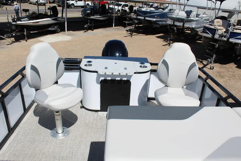 Slide: The Image of 2025 Avalon Venture 85 Rear Fish 23 FT pontoon boat interior with fishing seats. - 19