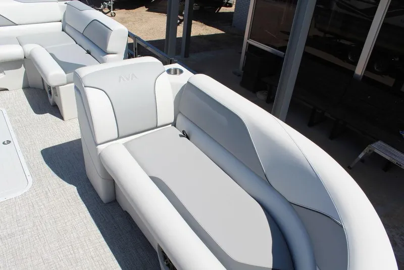 Slide: The Image of 2025 Avalon Venture 85 Rear Fish 23 FT boat interior with sleek, modern seating design. - 9