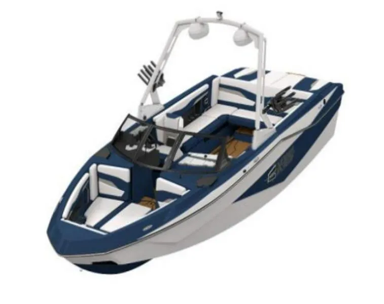 Slide: The Image of 2025 Axis T235 boat, sleek design, blue and white color, modern wakeboard tower. - 1