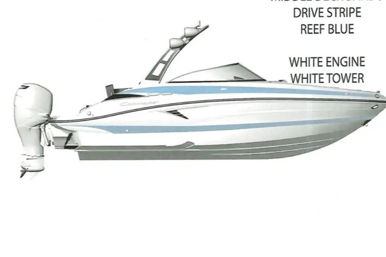 Slide: The Image of 2025 Crownline 260 XSS boat with white engine, white tower, and reef blue stripe. - 0