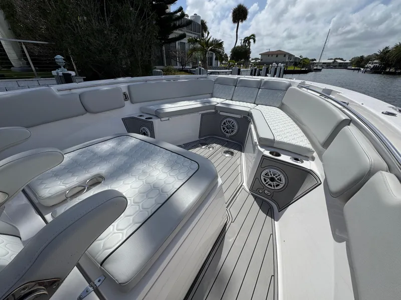 Slide: The Image of 2023 Sea Fox 328 Commander boat interior with luxurious seating and modern design. - 9