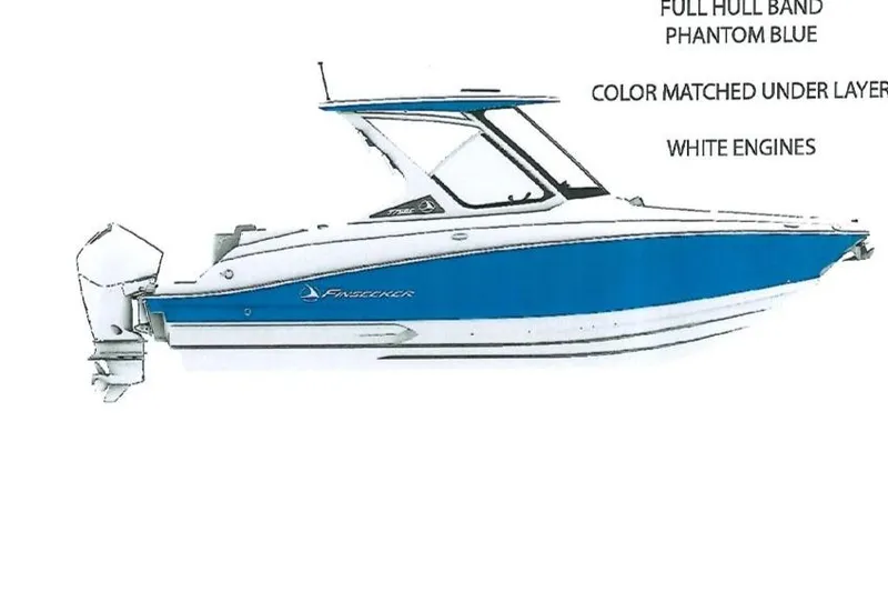 Slide: The Image of 2025 Crownline 260 DC Finseeker boat, Phantom Blue hull, white engines, sleek design. - 0