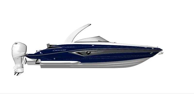 Slide: The Image of 2025 Crownline 280 XSS boat, sleek design, blue and white color scheme, side view. - 0