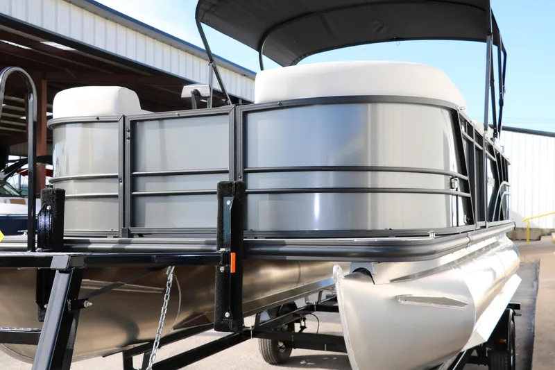 Slide: The Image of 2025 Sylvan Mirage 820 Party Fish Premium Pontoon on trailer, side view. - 12
