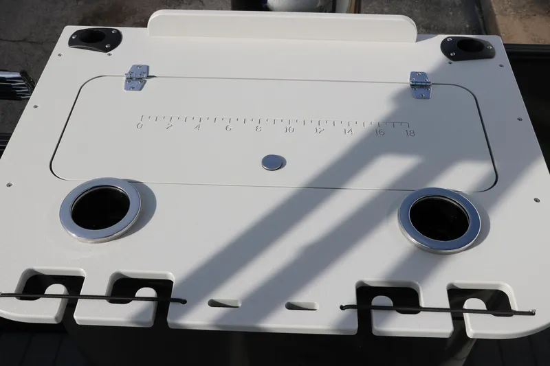 Slide: The Image of 2025 Sylvan Mirage 820 Party Fish Premium Pontoon fishing station with cup holders and measuring scale. - 33