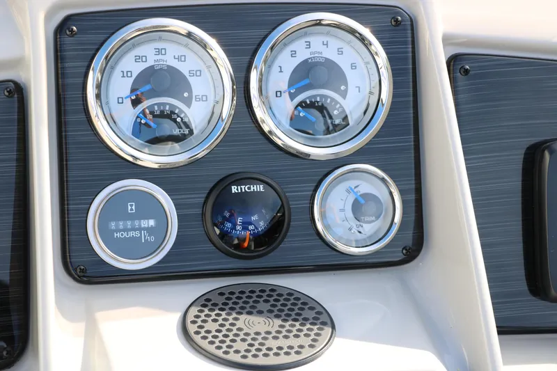 Slide: The Image of Dashboard of 2025 Sylvan Mirage 820 Party Fish Premium Pontoon with gauges and speaker. - 38