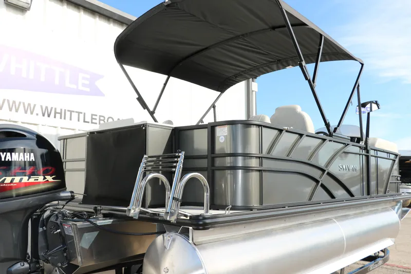 Slide: The Image of 2025 Sylvan Mirage 820 Party Fish Premium Pontoon with Yamaha engine, docked outdoors. - 4