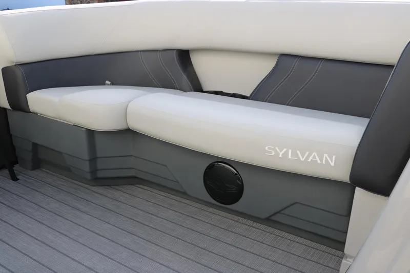 Slide: The Image of 2025 Sylvan Mirage 820 Party Fish Premium Pontoon seating, featuring sleek gray upholstery. - 40