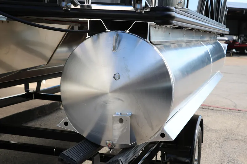 Slide: The Image of 2025 Sylvan Mirage 820 Party Fish Premium Pontoon, close-up of aluminum pontoon tube. - 5
