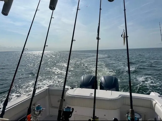 Slide: The Image of Grady-White Bimini 306 boat with fishing rods, ocean view, sunny day, 2000 model. - 26