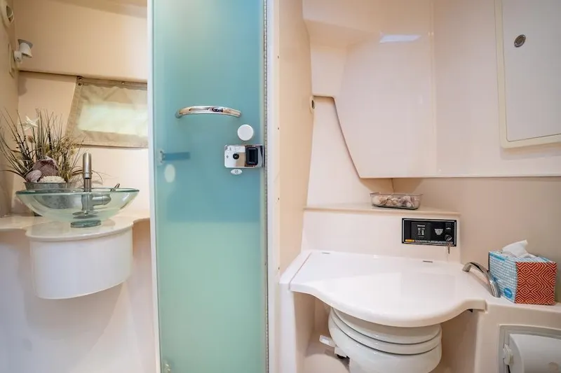 Slide: The Image of 2015 Pursuit SC 365i Sport Coupe bathroom with modern fixtures and frosted glass door. - 43