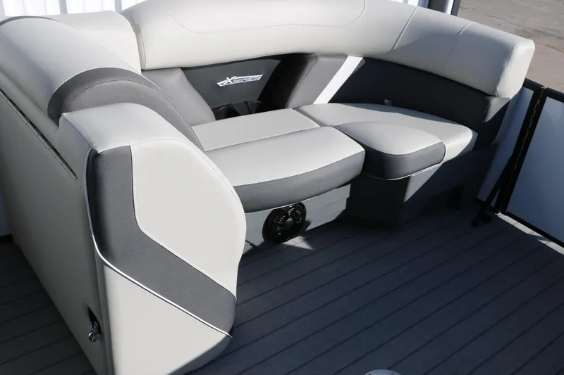 Slide: The Image of 2025 Sylvan Mirage X X1 CLZ DH boat interior with sleek, modern seating design. - 23