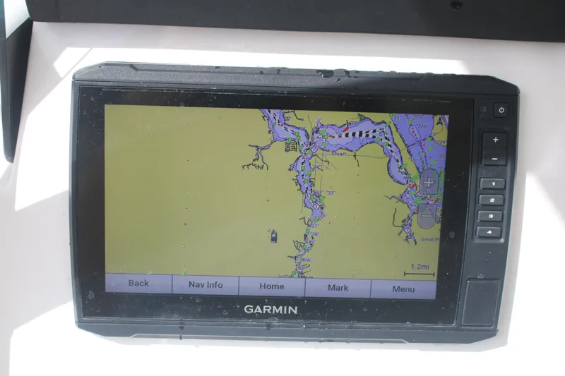 Slide: The Image of Garmin navigation system on 2023 Sea Fox 228 boat, displaying a detailed marine map. - 5