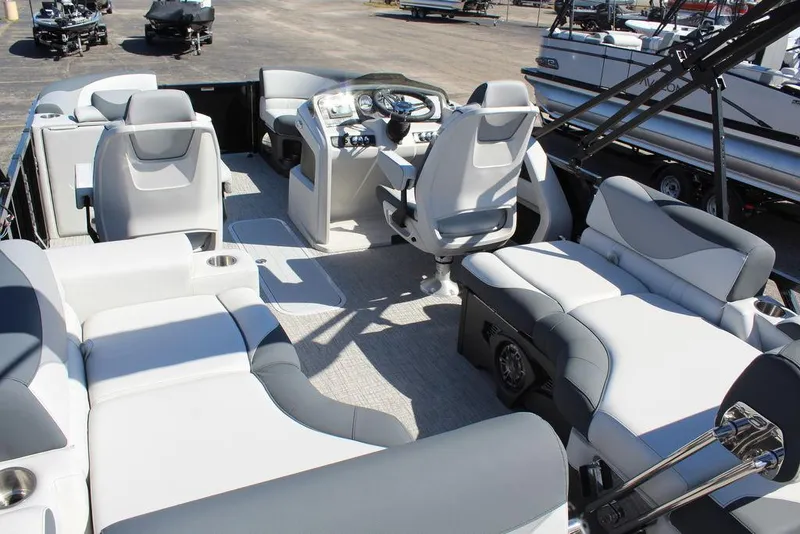 Slide: The Image of 2025 Avalon LSZ 2185 Quad Lounge Shift pontoon boat interior with luxurious seating. - 16