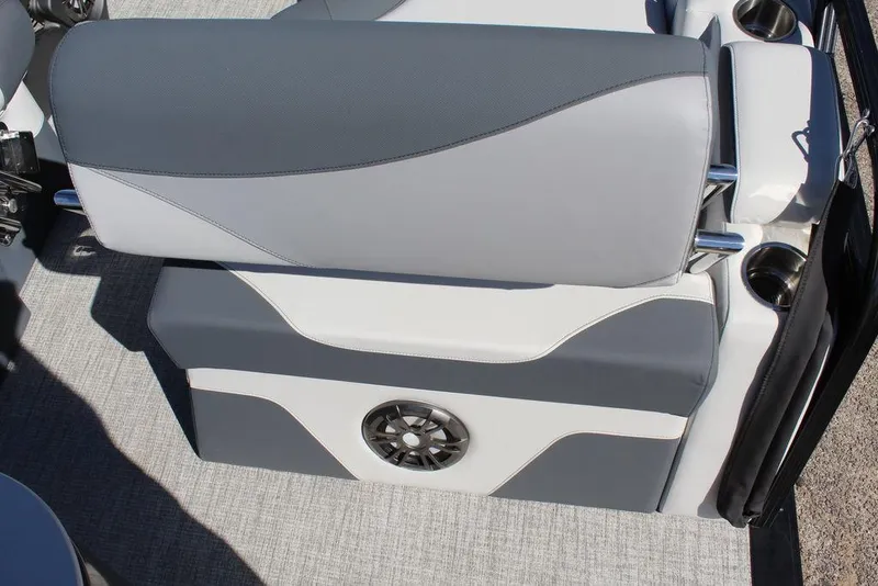 Slide: The Image of 2025 Avalon LSZ 2185 Quad Lounge Shift boat seat with integrated speaker and cup holders. - 17