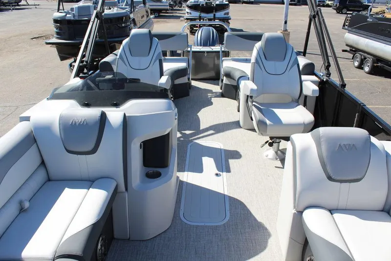 Slide: The Image of 2025 Avalon LSZ 2185 Quad Lounge Shift pontoon boat interior with luxurious seating. - 9