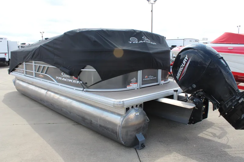 Slide: The Image of 2023 Sun Tracker Party Barge 22 DLX pontoon boat with cover and Mercury outboard motor. - 26