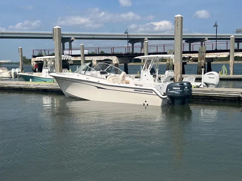 Slide: The Image of 2007 Grady-White Tournament 275 boat docked in marina with Yamaha outboard motor. - 1