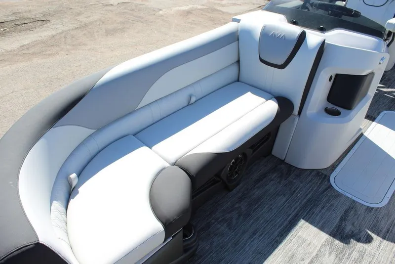 Slide: The Image of 2025 Avalon LSZ Quad Lounge boat interior with sleek seating and modern design. - 15