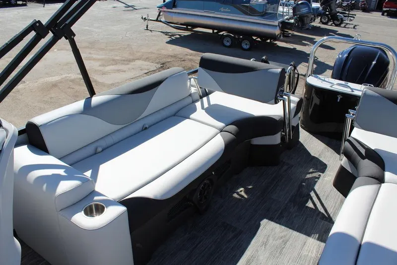 Slide: The Image of 2025 Avalon LSZ Quad Lounge Shift 25 FT pontoon boat interior with stylish seating. - 21