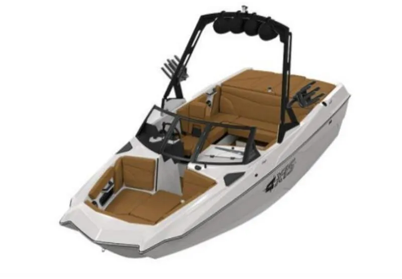 Slide: The Image of 2025 Axis A20 boat with brown seating and black tower, designed for water sports. - 1