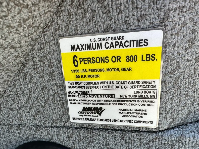 Slide: The Image of 2025 Lund Adventure 1675 SS boat capacity label, 6 persons or 800 lbs, 90HP Mercury. - 10