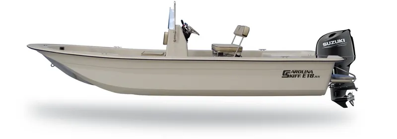 Slide: The Image of 2025 Carolina Skiff E18 JVX CC boat with Suzuki outboard motor, side view. - 18