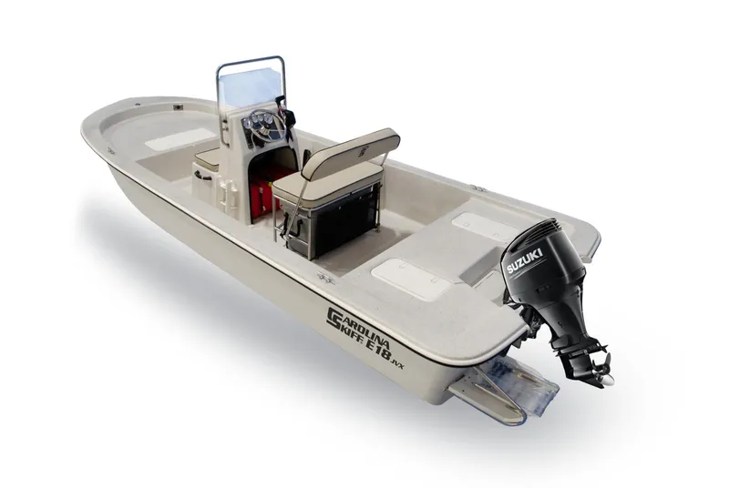 Slide: The Image of 2025 Carolina Skiff E18 JVX CC boat with Suzuki outboard motor, side view. - 19
