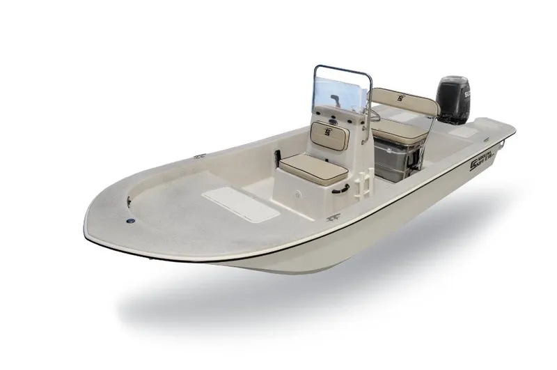 Slide: The Image of 2025 Carolina Skiff E18 JVX CC boat, center console, beige color, side view. - 20