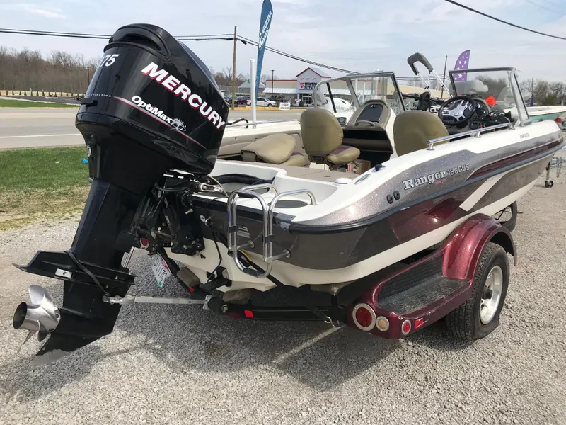 Slide: The Image of 2013 Ranger 186 Reata boat with Mercury outboard motor on a trailer. - 3