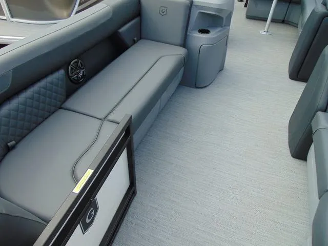 Slide: The Image of 2025 Godfrey Pontoons Sweetwater 2086 C interior with gray seating and modern design. - 5
