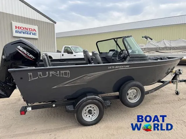 Slide: The Image of 2021 Lund 1675 Adventure Sport boat on trailer, displayed at Boat World dealership. - 46