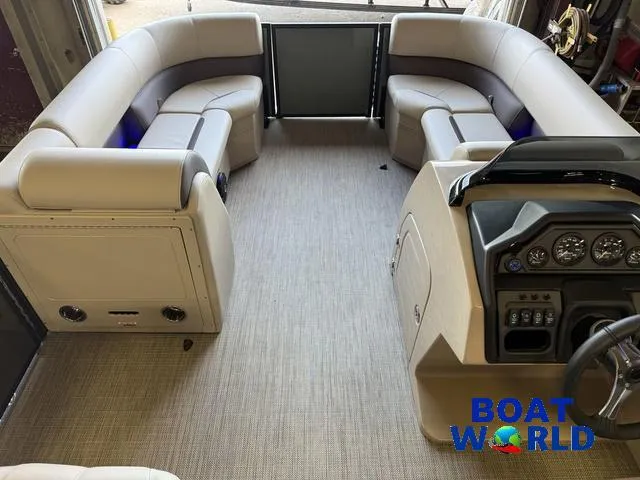 Slide: The Image of 2025 Bentley Pontoons Legacy 220 Swingback interior with Honda 4-Stroke EFI, featuring luxurious seating. - 28