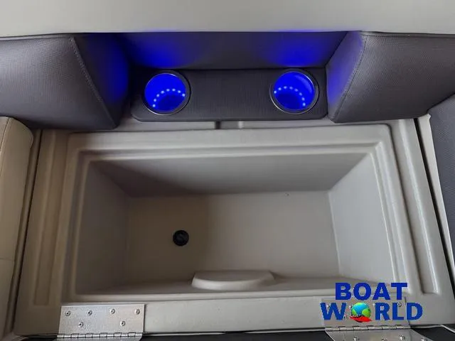 Slide: The Image of 2025 Bentley Pontoons Legacy 220 Swingback interior with illuminated cup holders. - 29