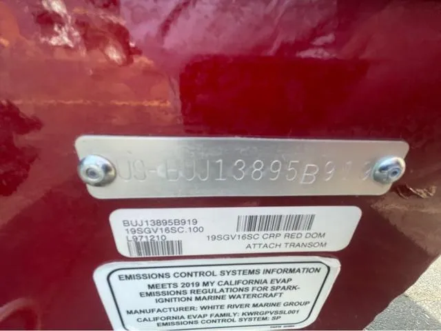 Slide: The Image of 2019 Tracker Super Guide™ V-16 SC boat identification and emissions control information plate. - 16