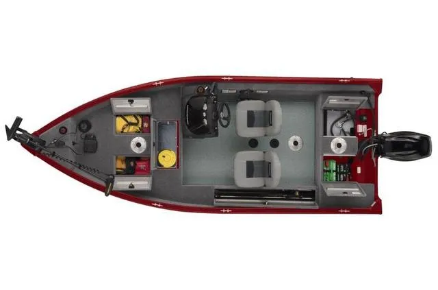 Slide: The Image of 2019 Tracker Super Guide™ V-16 SC boat, top view, red exterior, dual seats, storage compartments. - 18