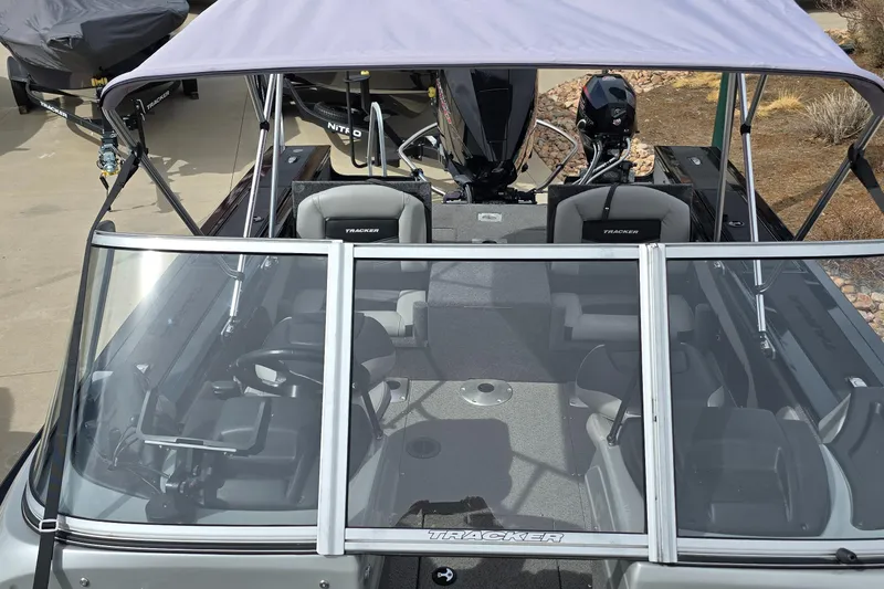 Slide: The Image of 2019 Tracker Targa V-19 WT Tournament Edition boat with canopy and seating, viewed from above. - 4